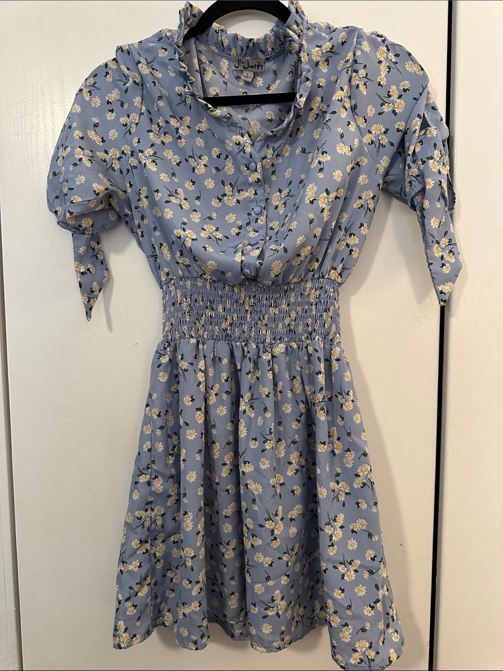J for Justify Powder Blue Daisy Print Smocked-Waist Dress